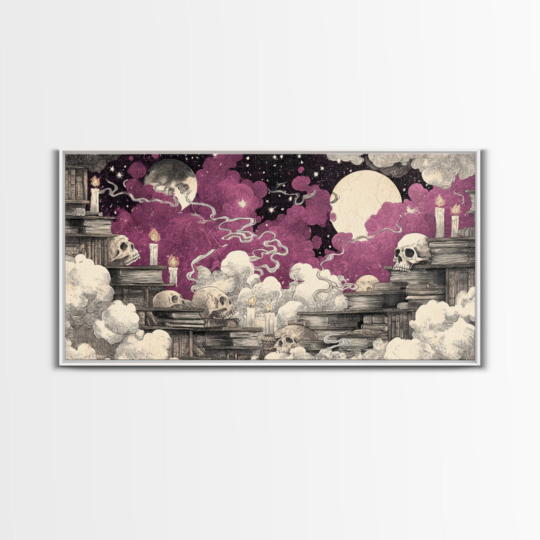The Catacomb Library - Surreal Celestial Vision, Halloween Wall Art, Wide Panoramic Art, Framed Canvas Print, Halloween Home Decor