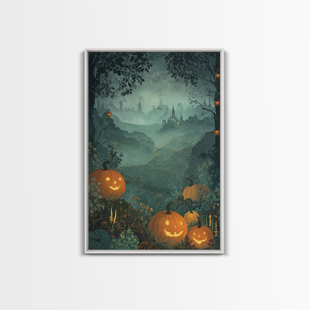 The Jack-O-Lantern Crown Jewels - Environmental Panorama, Spooky Wall Decor, Vertical Wall Art, Framed Canvas Print, Halloween Home Decor