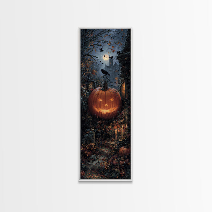 The Jack-O-Lantern Crown Jewels - Environmental Panorama, Macabre Halloween Art, Tall Narrow Wall Art, Framed Canvas Print, Gothic Wall Art