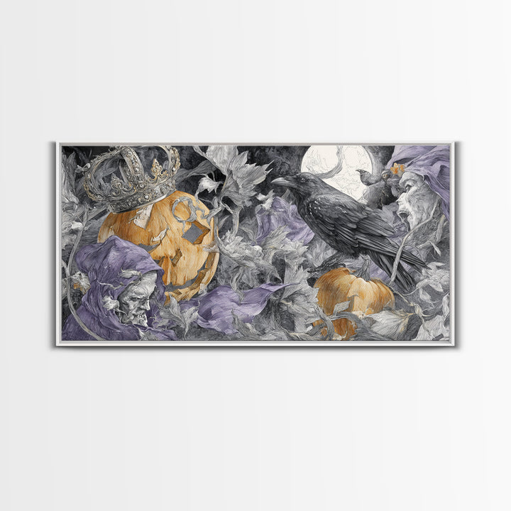 The Jack-O-Lantern Crown Jewels - Procession Scene, Spooky Wall Decor, Wide Panoramic Art, Framed Canvas Print, Halloween Home Decor