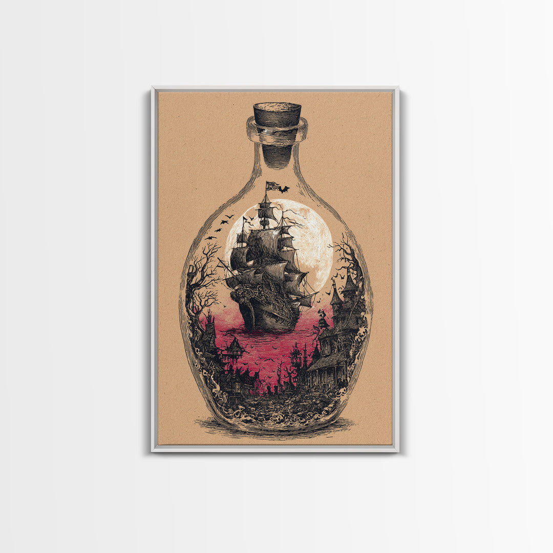 The Ghost Ship In A Bottle - Icon Portrait, Spooky Wall Decor, Vertical Wall Art, Framed Canvas Print, Halloween Home Decor, Gothic Wall Art