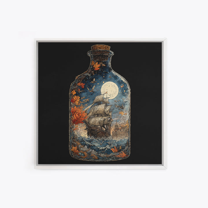The Ghost Ship In A Bottle - Icon Portrait, Macabre Halloween Art, Square Wall Art, Framed Canvas Print, Halloween Home Decor