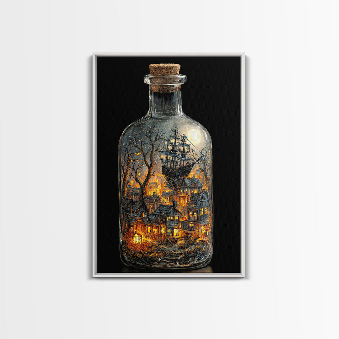 The Ghost Ship In A Bottle - Environmental Panorama, Macabre Halloween Art, Vertical Wall Art, Framed Canvas Print, Halloween Home Decor