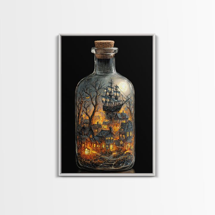 The Ghost Ship In A Bottle - Environmental Panorama, Macabre Halloween Art, Vertical Wall Art, Framed Canvas Print, Halloween Home Decor