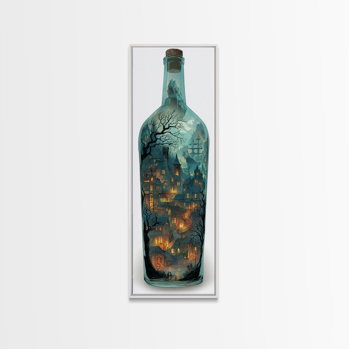 The Ghost Ship In A Bottle - Environmental Panorama, Spooky Wall Decor, Tall Narrow Wall Art, Framed Canvas Print, Halloween Home Decor