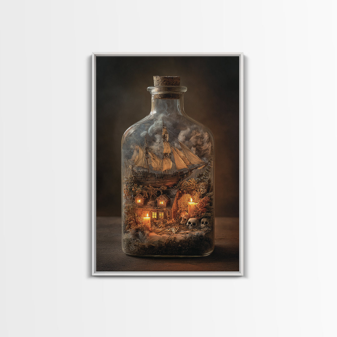 The Ghost Ship In A Bottle - Occult Still Life, Dark Fantasy Wall Art, Vertical Wall Art, Canvas Print, Halloween Home Decor