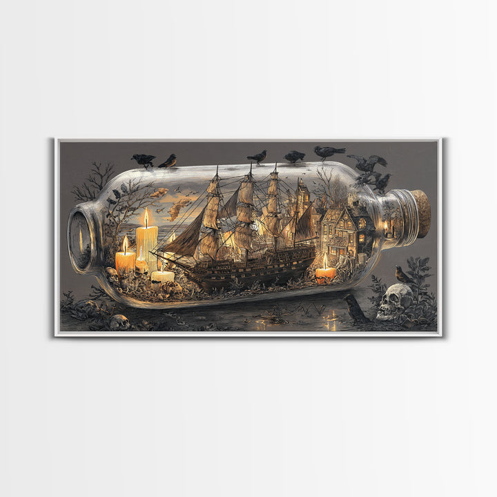 The Ghost Ship In A Bottle - Occult Still Life, Spooky Wall Decor, Wide Panoramic Art, Framed Canvas Print, Halloween Home Decor