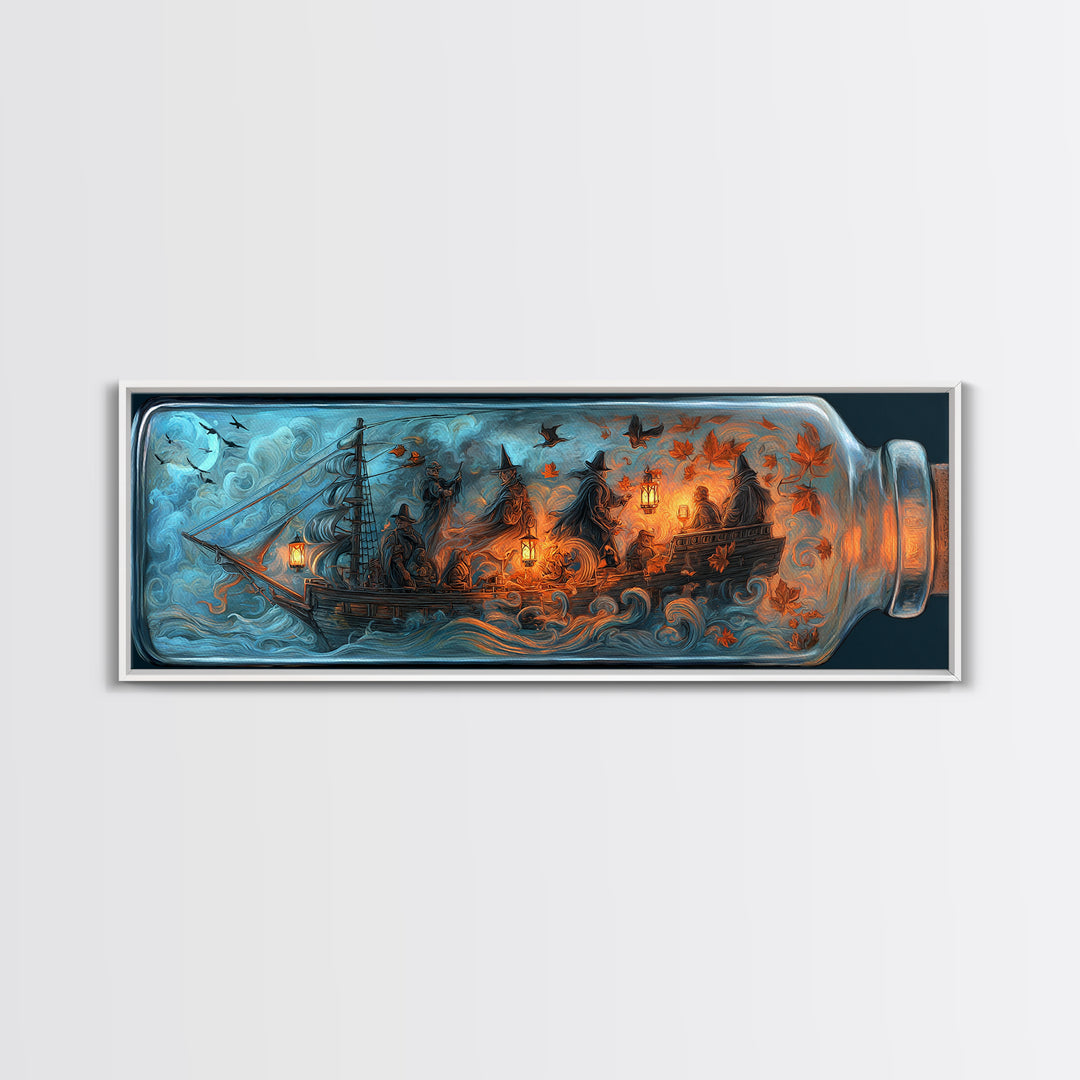 The Ghost Ship In A Bottle - Procession Scene, Halloween Wall Art, Extra Wide Wall Art, Framed Canvas Print, Halloween Home Decor