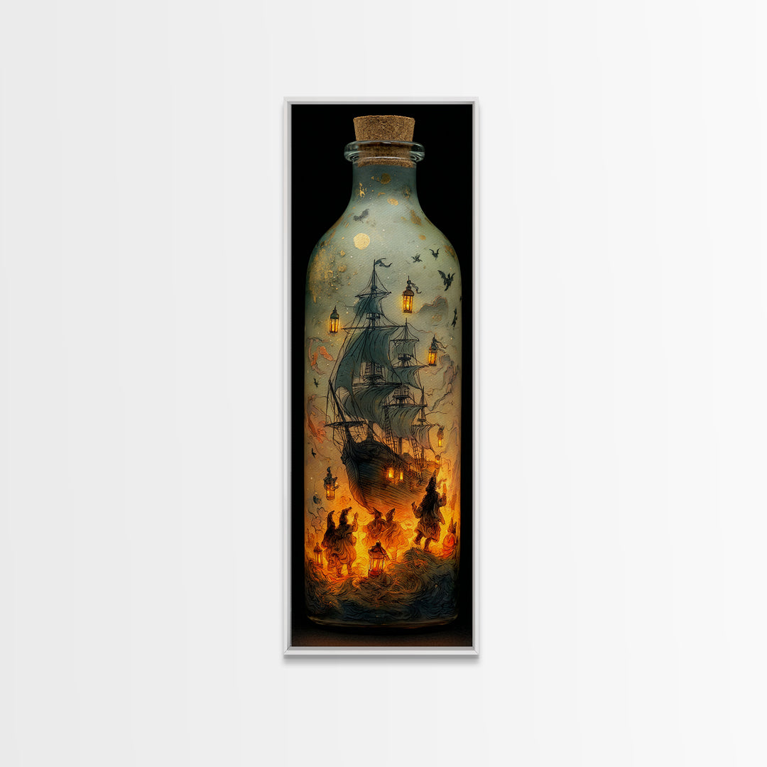 The Ghost Ship In A Bottle - Procession Scene, Gothic Home Decor, Tall Narrow Wall Art, Canvas Print, Halloween Home Decor, Gothic Wall Art