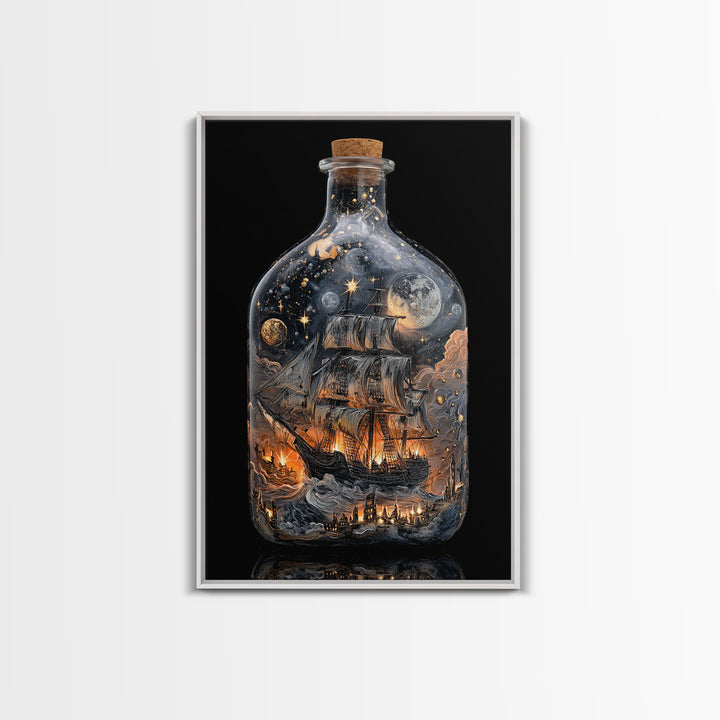 The Ghost Ship In A Bottle - Surreal Celestial Vision, Spooky Wall Decor, Vertical Wall Art, Framed Canvas Print, Halloween Home Decor