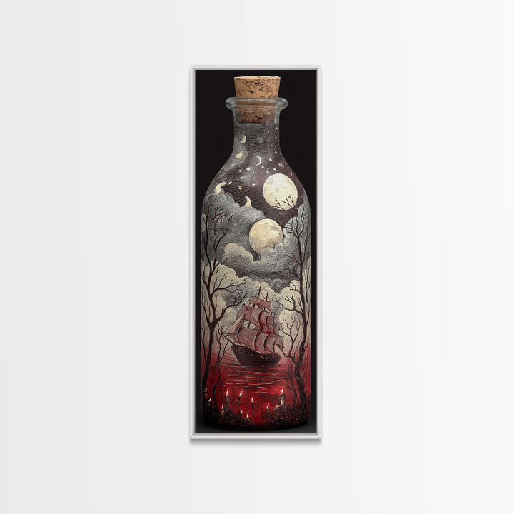 The Ghost Ship In A Bottle - Surreal Celestial Vision, Halloween Wall Art, Tall Narrow Wall Art, Framed Canvas Print, Halloween Home Decor