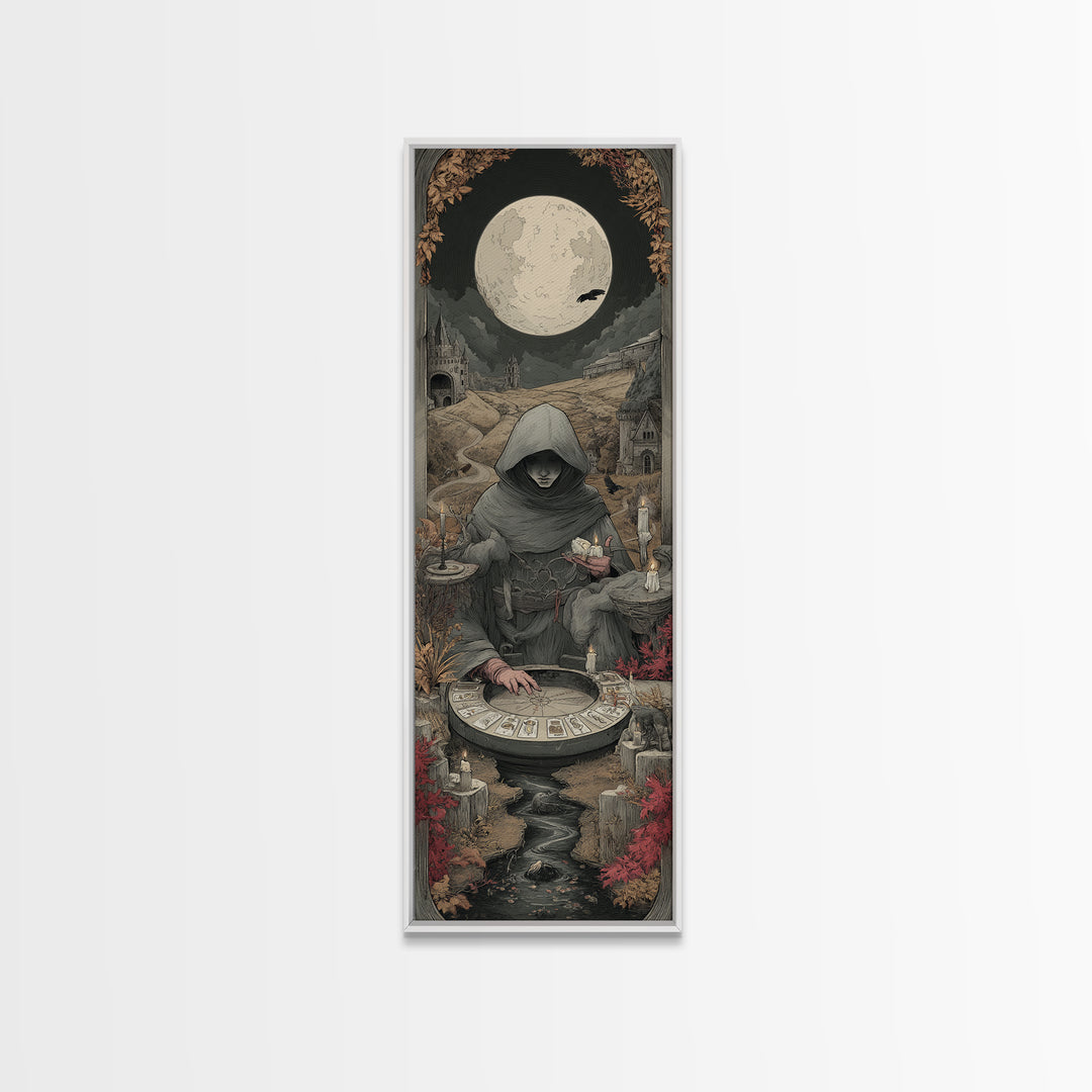 The Harvest Moon Tarot Reader - Environmental Panorama, Dark Fantasy Wall Art, Tall Narrow Wall Art, Canvas Print, Halloween Home Decor