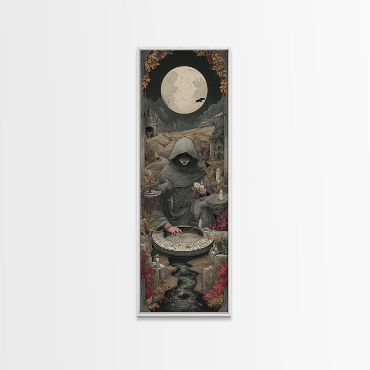 The Harvest Moon Tarot Reader - Environmental Panorama, Dark Fantasy Wall Art, Tall Narrow Wall Art, Canvas Print, Halloween Home Decor