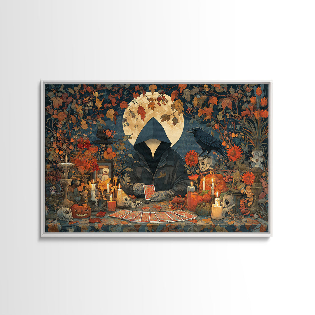 The Harvest Moon Tarot Reader - Occult Still Life, Occult Wall Decor, Landscape Wall Art, Canvas Print, Halloween Home Decor