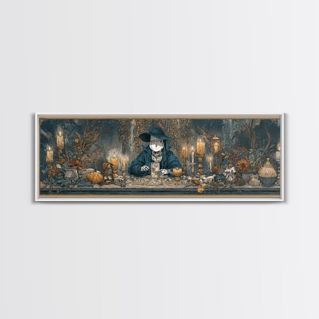 The Harvest Moon Tarot Reader - Occult Still Life, Spooky Wall Decor, Extra Wide Wall Art, Framed Canvas Print, Halloween Home Decor