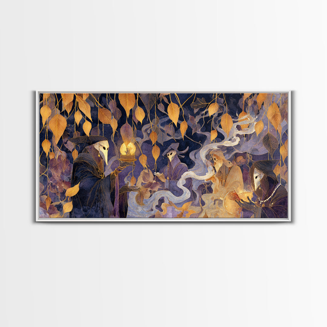 The Harvest Moon Tarot Reader - Procession Scene, Dark Fantasy Wall Art, Wide Panoramic Art, Canvas Print, Halloween Home Decor