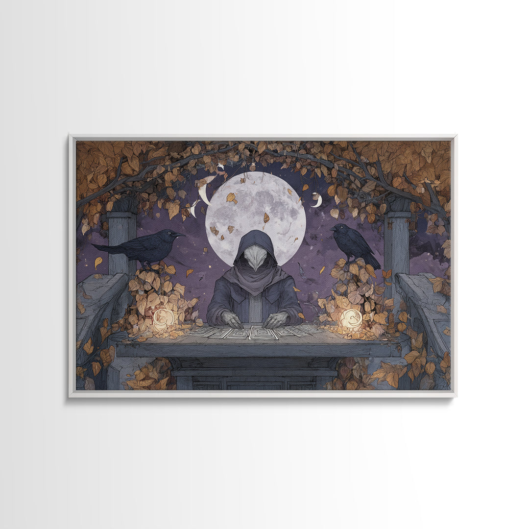 The Harvest Moon Tarot Reader - Surreal Celestial Vision, Occult Wall Decor, Landscape Wall Art, Canvas Print, Halloween Home Decor