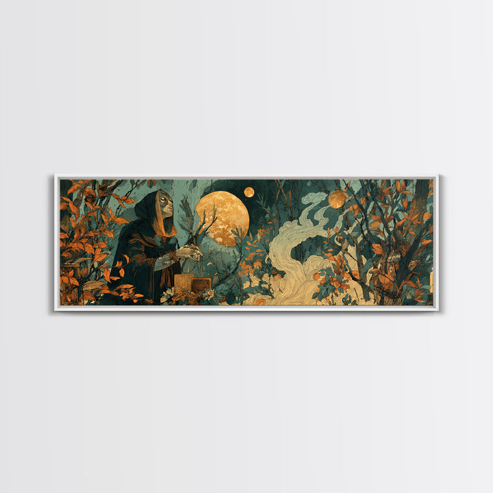 The Harvest Moon Tarot Reader - Surreal Celestial Vision, Occult Wall Decor, Extra Wide Wall Art, Canvas Print, Halloween Home Decor