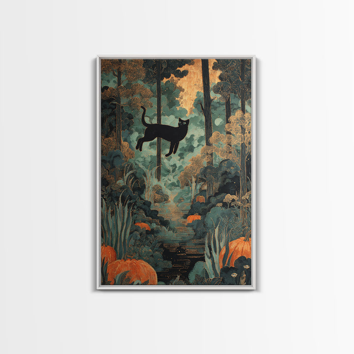 The Black Cat Constellation - Icon Portrait, Macabre Halloween Art, Vertical Wall Art, Framed Canvas Print, Halloween Home Decor