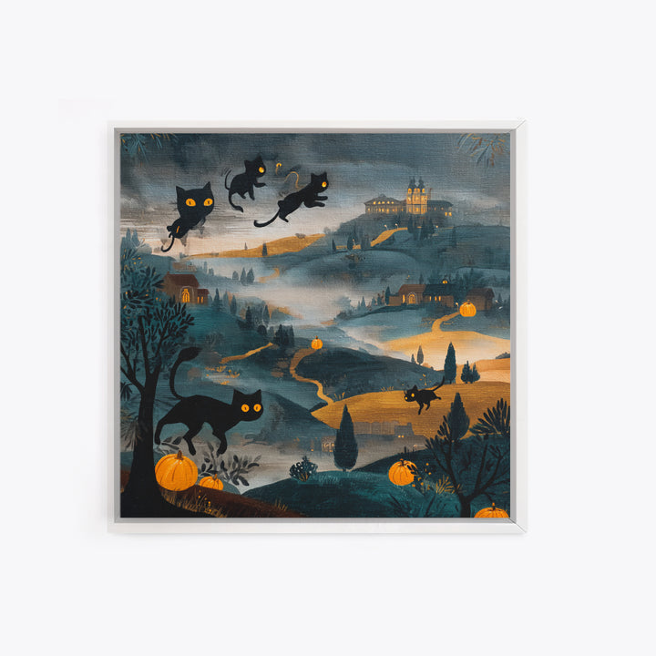 The Black Cat Constellation - Environmental Panorama, Halloween Wall Art, Square Wall Art, Framed Canvas Print, Halloween Home Decor