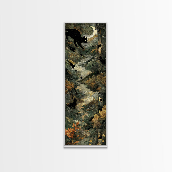 The Black Cat Constellation - Environmental Panorama, Macabre Halloween Art, Tall Narrow Wall Art, Framed Canvas Print, Halloween Home Decor