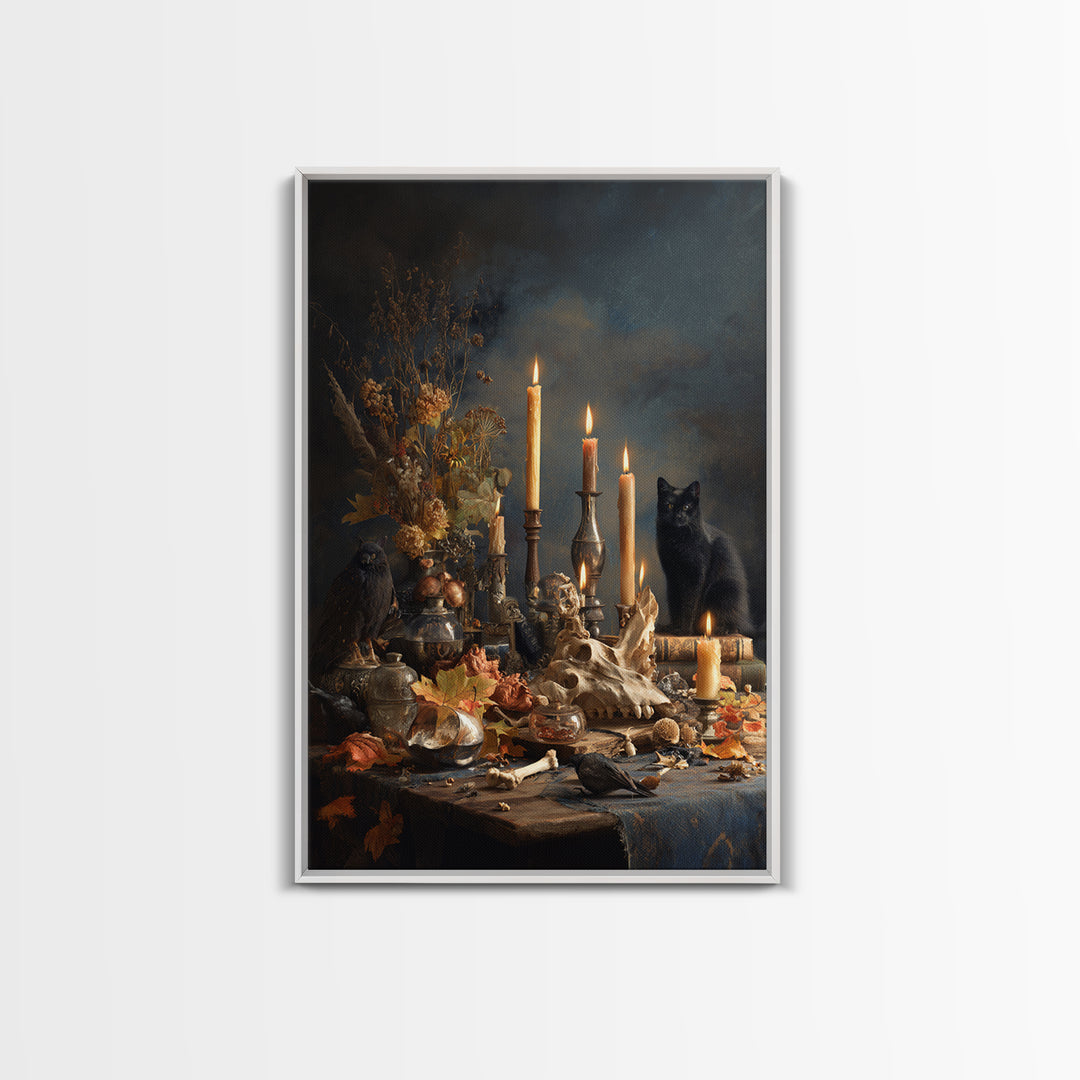 The Black Cat Constellation - Occult Still Life, Spooky Wall Decor, Vertical Wall Art, Framed Canvas Print, Halloween Home Decor