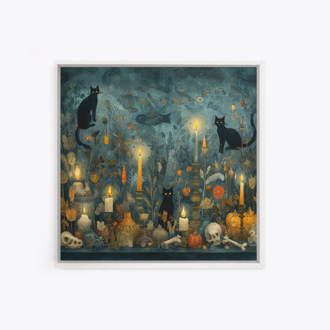 The Black Cat Constellation - Occult Still Life, Occult Wall Decor, Square Wall Art, Canvas Print, Halloween Home Decor, Gothic Wall Art
