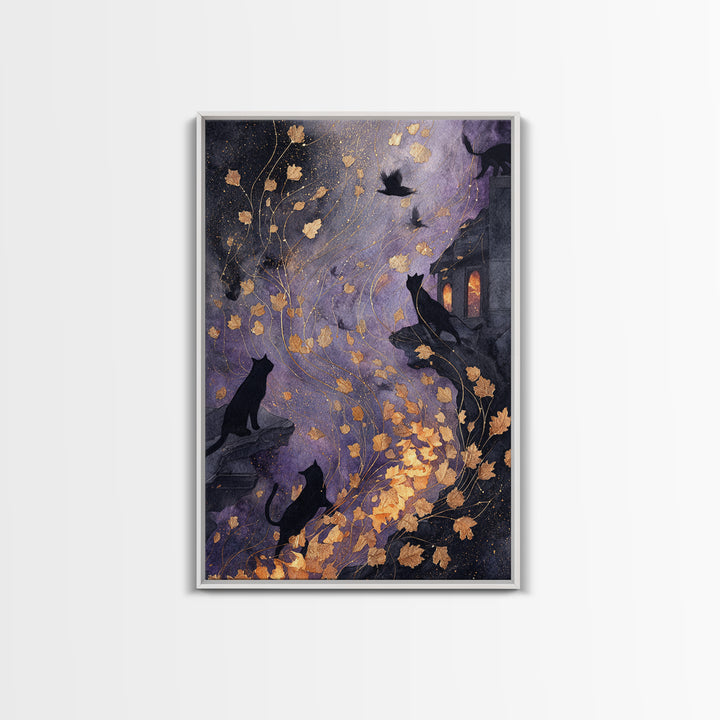 The Black Cat Constellation - Procession Scene, Halloween Wall Art, Vertical Wall Art, Framed Canvas Print, Halloween Home Decor