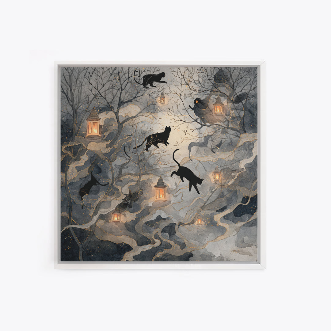 The Black Cat Constellation - Procession Scene, Macabre Halloween Art, Square Wall Art, Framed Canvas Print, Halloween Home Decor