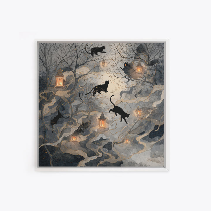The Black Cat Constellation - Procession Scene, Macabre Halloween Art, Square Wall Art, Framed Canvas Print, Halloween Home Decor