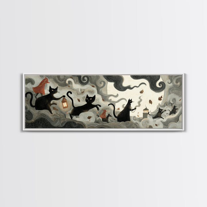 The Black Cat Constellation - Procession Scene, Gothic Home Decor, Extra Wide Wall Art, Canvas Print, Halloween Home Decor, Gothic Wall Art