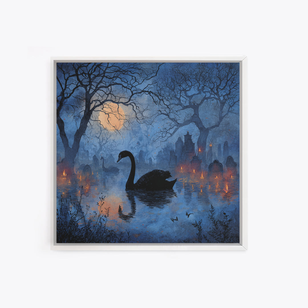 The Cemetery Swan Lake - Icon Portrait, Halloween Wall Art, Square Wall Art, Framed Canvas Print, Halloween Home Decor, Gothic Wall Art