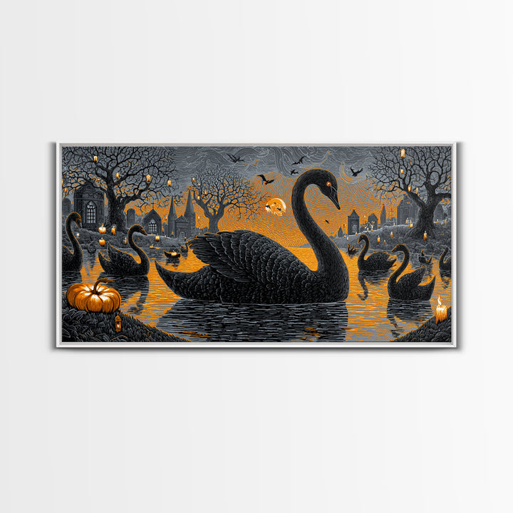 The Cemetery Swan Lake - Icon Portrait, Halloween Wall Art, Wide Panoramic Art, Framed Canvas Print, Halloween Home Decor, Gothic Wall Art