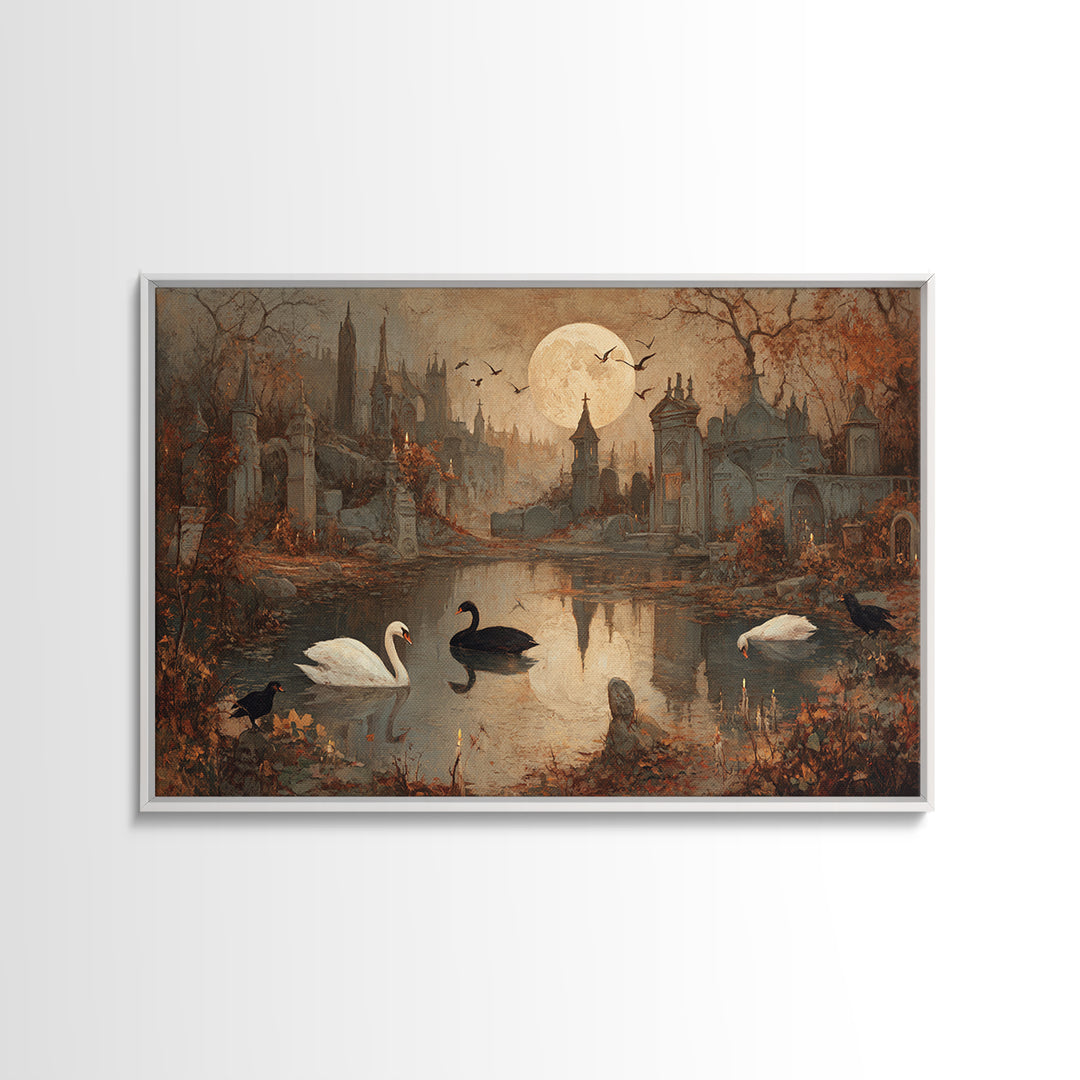 The Cemetery Swan Lake - Environmental Panorama, Occult Wall Decor, Landscape Wall Art, Canvas Print, Halloween Home Decor, Gothic Wall Art