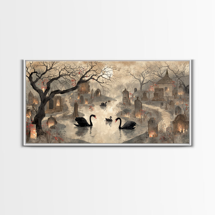 The Cemetery Swan Lake - Environmental Panorama, Dark Fantasy Wall Art, Wide Panoramic Art, Canvas Print, Halloween Home Decor