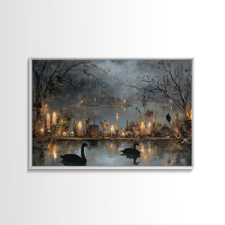 The Cemetery Swan Lake - Occult Still Life, Dark Fantasy Wall Art, Landscape Wall Art, Canvas Print, Halloween Home Decor, Gothic Wall Art