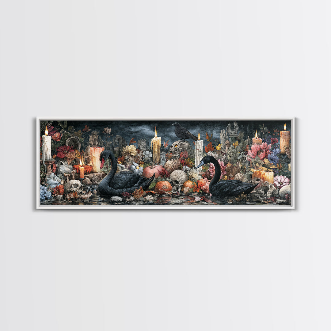 The Cemetery Swan Lake - Occult Still Life, Occult Wall Decor, Extra Wide Wall Art, Canvas Print, Halloween Home Decor, Gothic Wall Art