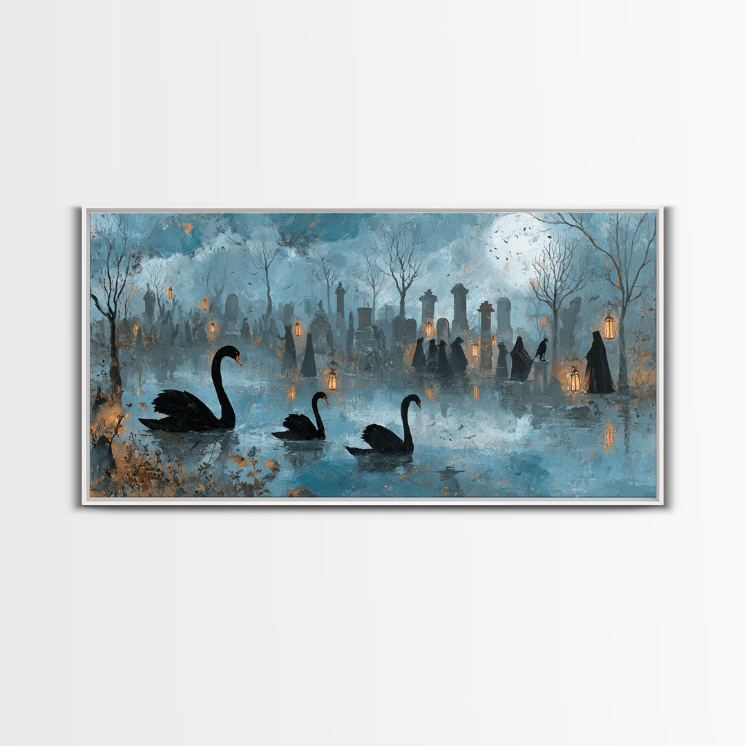 The Cemetery Swan Lake - Procession Scene, Spooky Wall Decor, Wide Panoramic Art, Framed Canvas Print, Halloween Home Decor, Gothic Wall Art