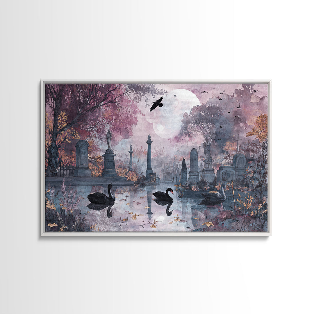 The Cemetery Swan Lake - Surreal Celestial Vision, Macabre Halloween Art, Landscape Wall Art, Framed Canvas Print, Halloween Home Decor