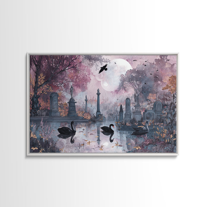 The Cemetery Swan Lake - Surreal Celestial Vision, Macabre Halloween Art, Landscape Wall Art, Framed Canvas Print, Halloween Home Decor