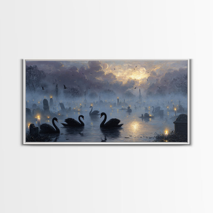 The Cemetery Swan Lake - Surreal Celestial Vision, Halloween Wall Art, Wide Panoramic Art, Framed Canvas Print, Halloween Home Decor