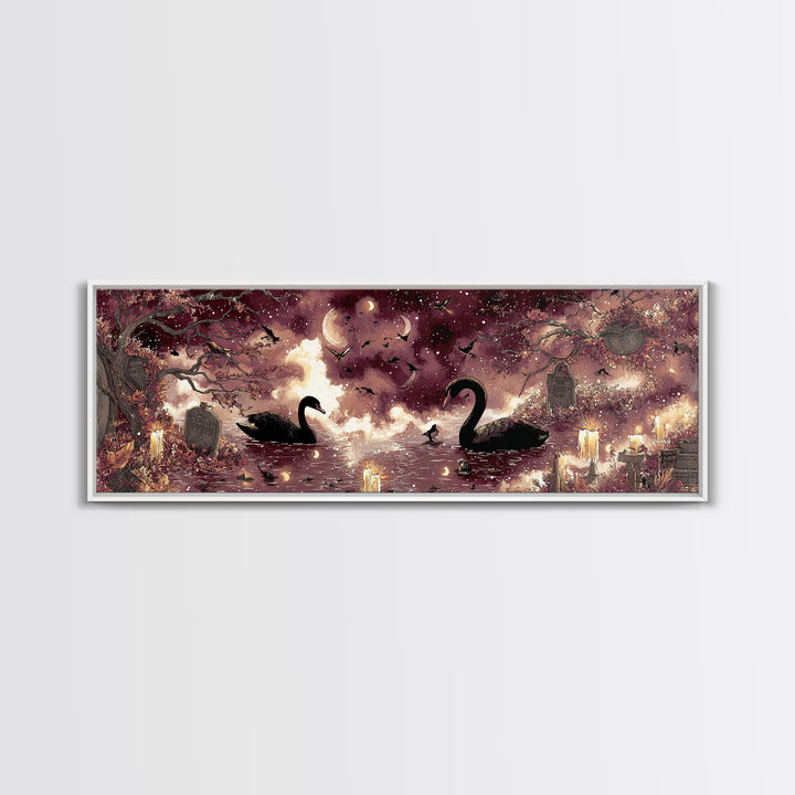 The Cemetery Swan Lake - Surreal Celestial Vision, Gothic Home Decor, Extra Wide Wall Art, Canvas Print, Halloween Home Decor
