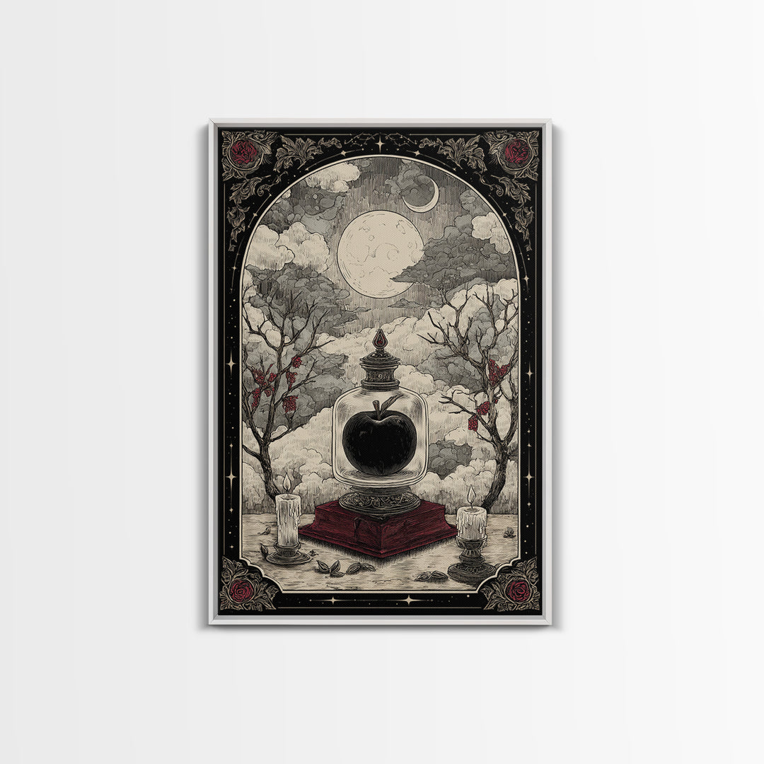 The Poison Apple Reliquary - Surreal Celestial Vision, Spooky Wall Decor, Vertical Wall Art, Framed Canvas Print, Halloween Home Decor
