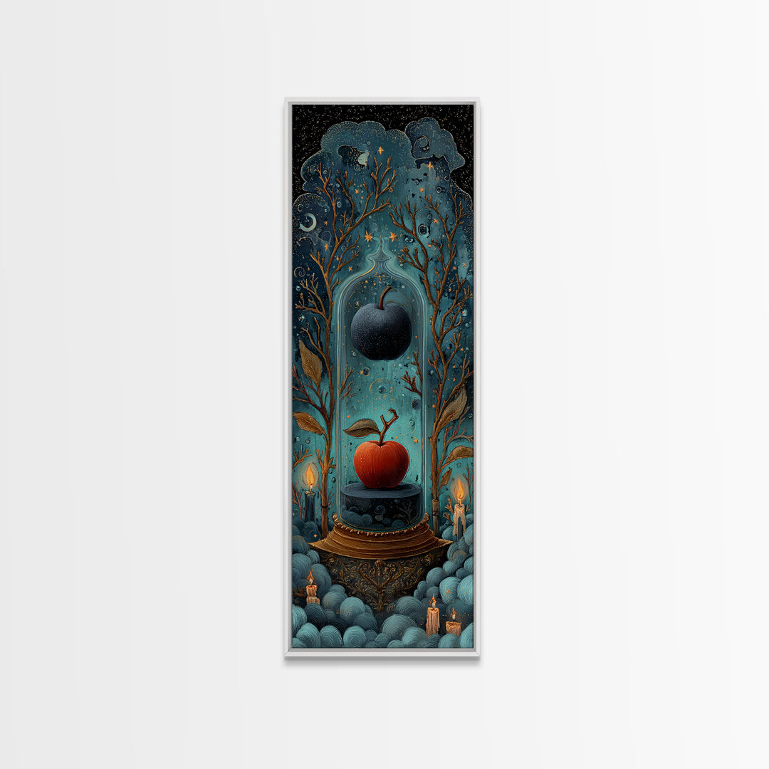 The Poison Apple Reliquary - Surreal Celestial Vision, Gothic Home Decor, Tall Narrow Wall Art, Canvas Print, Halloween Home Decor