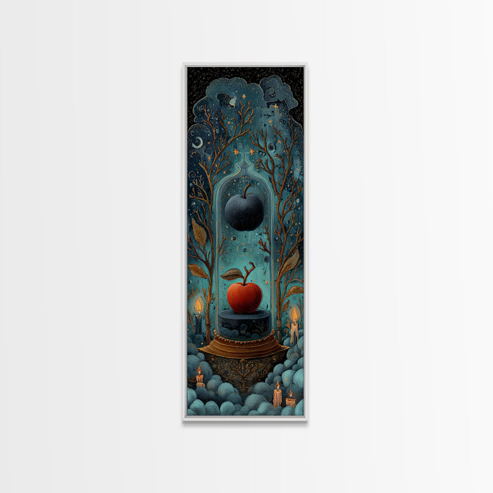 The Poison Apple Reliquary - Surreal Celestial Vision, Gothic Home Decor, Tall Narrow Wall Art, Canvas Print, Halloween Home Decor