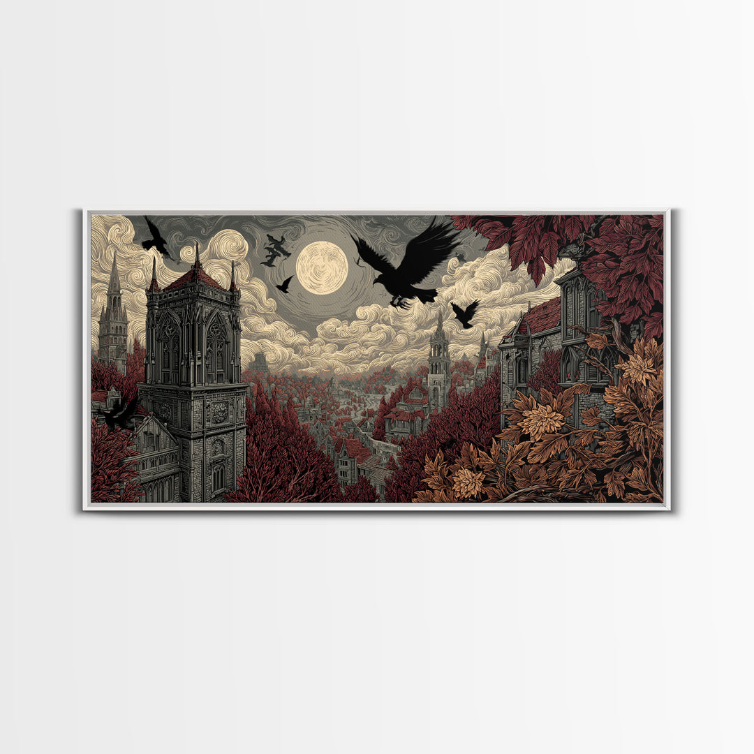 The Gargoyle Rooftop Choir - Environmental Panorama, Dark Fantasy Wall Art, Wide Panoramic Art, Canvas Print, Halloween Home Decor