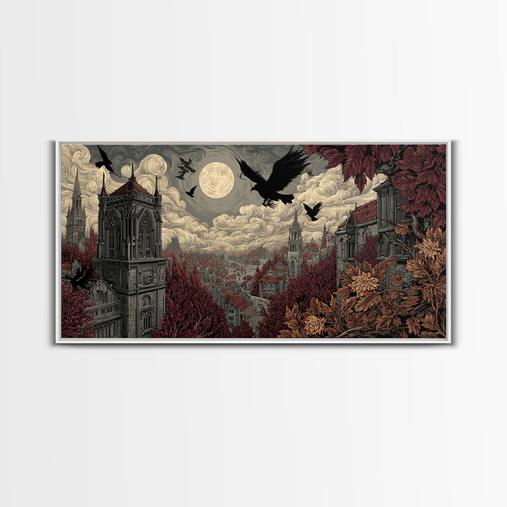 The Gargoyle Rooftop Choir - Environmental Panorama, Dark Fantasy Wall Art, Wide Panoramic Art, Canvas Print, Halloween Home Decor