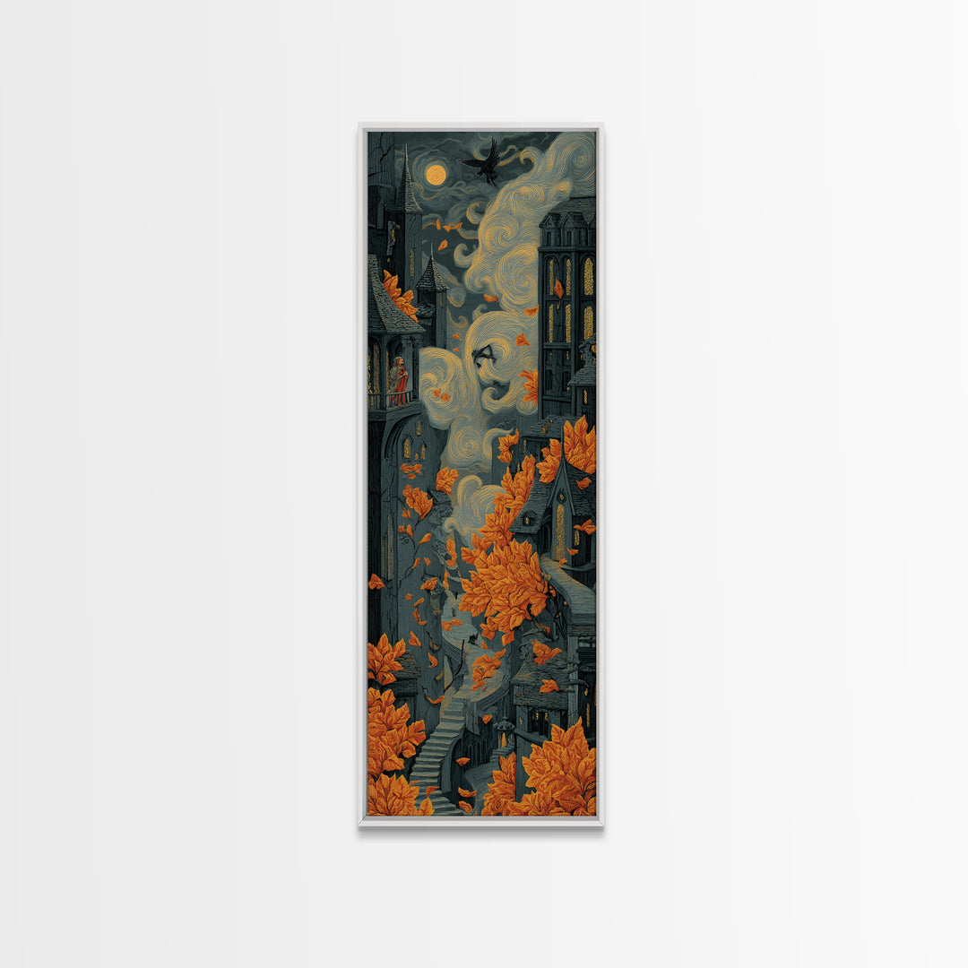 The Gargoyle Rooftop Choir - Environmental Panorama, Dark Fantasy Wall Art, Tall Narrow Wall Art, Canvas Print, Halloween Home Decor
