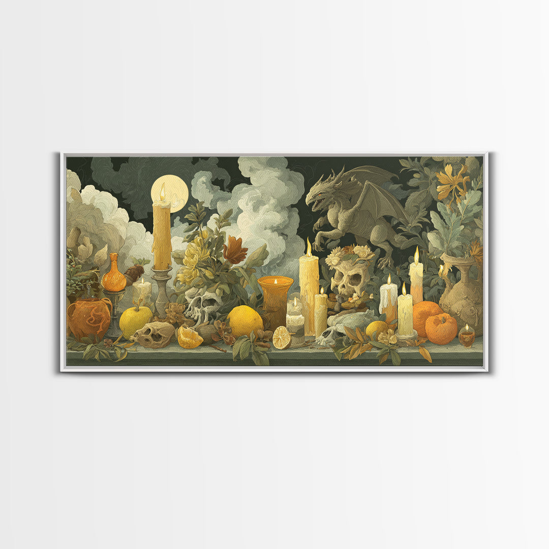 The Gargoyle Rooftop Choir - Occult Still Life, Gothic Home Decor, Wide Panoramic Art, Canvas Print, Halloween Home Decor, Gothic Wall Art