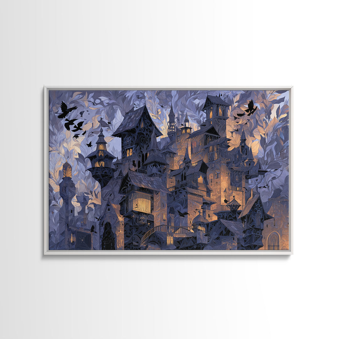 The Gargoyle Rooftop Choir - Procession Scene, Macabre Halloween Art, Landscape Wall Art, Framed Canvas Print, Halloween Home Decor